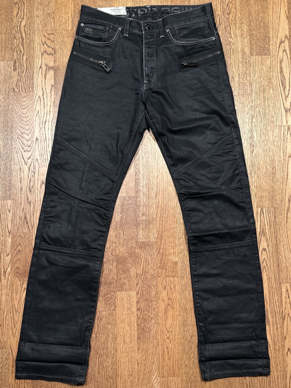 G-Star RAW 3301 Plus Sudden Straight Fit Black Coated Moto Denim Jeans Mens 33